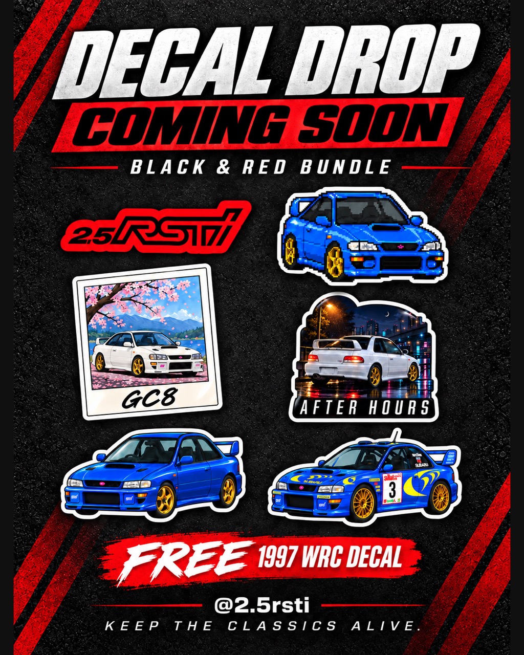 Black and Red 2.5RSTI bundle poster showing five featured decals and the free 1997 WRC rally car decal