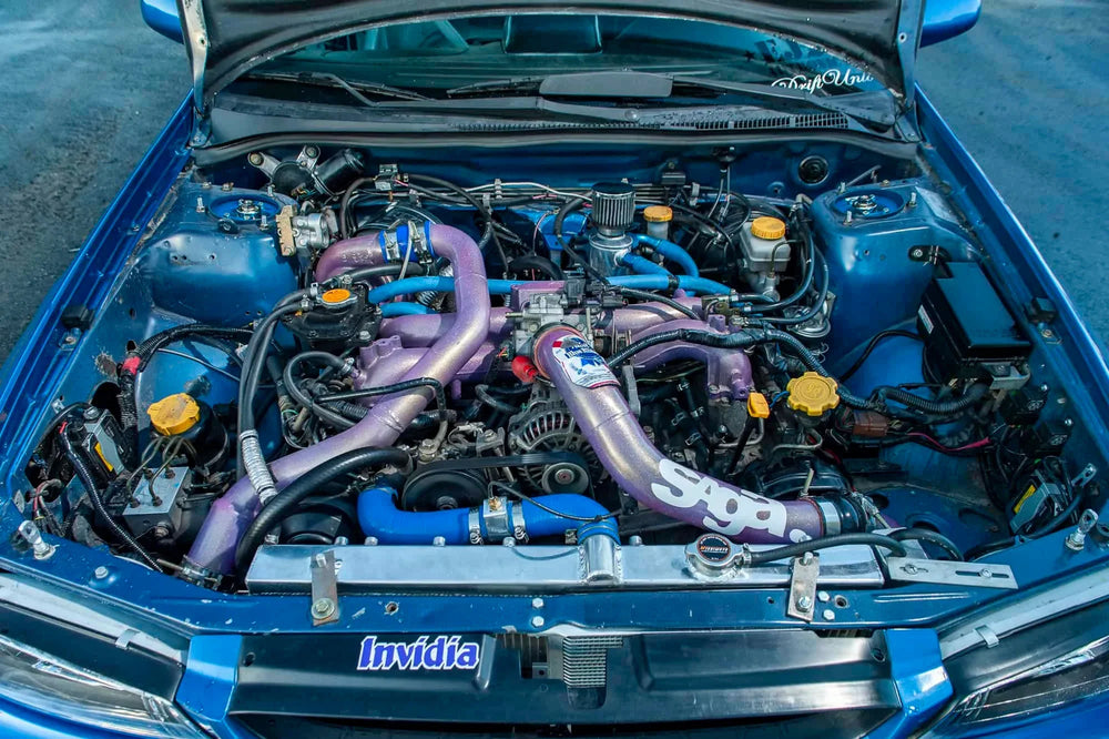Engine bay of Dave Mann STI-swapped 1998 Subaru Impreza 2.5RS.