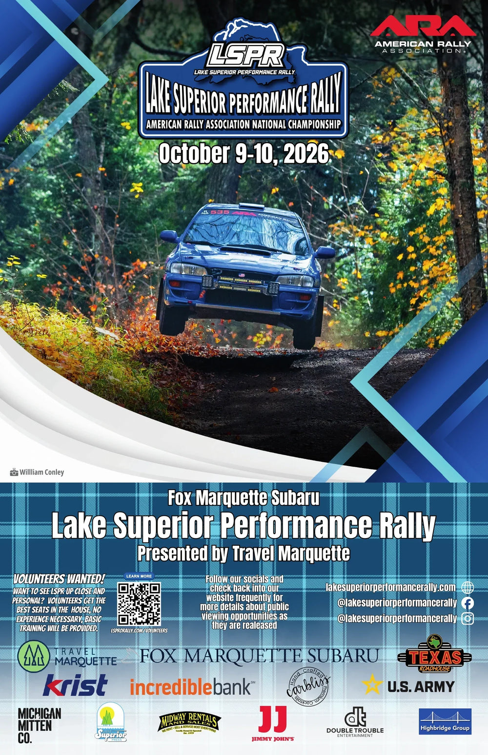 Official poster for the 2026 Fox Marquette Subaru Lake Superior Performance Rally presented by Travel Marquette, October 9-10 in Marquette, Michigan.