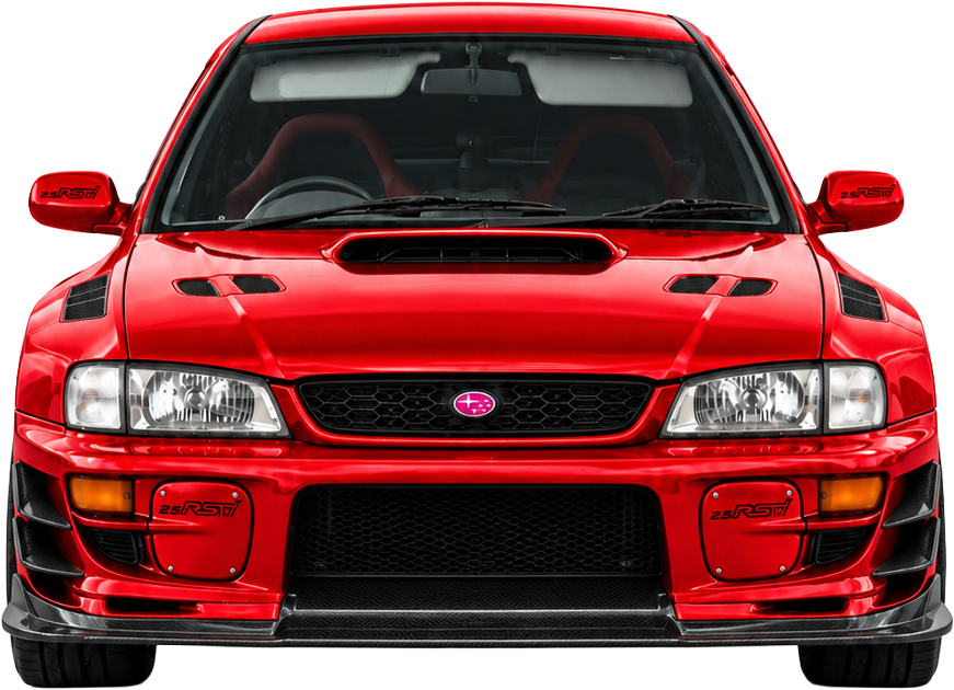 2.5RSTI’s envisioned 1999 Subaru Impreza WRX STI Version V four-door, featuring candy-red paint, wide fenders, carbon-style front aero and branded fog covers.