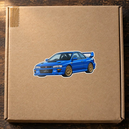 Free Blue Subaru Impreza 22B decal on a cardboard box