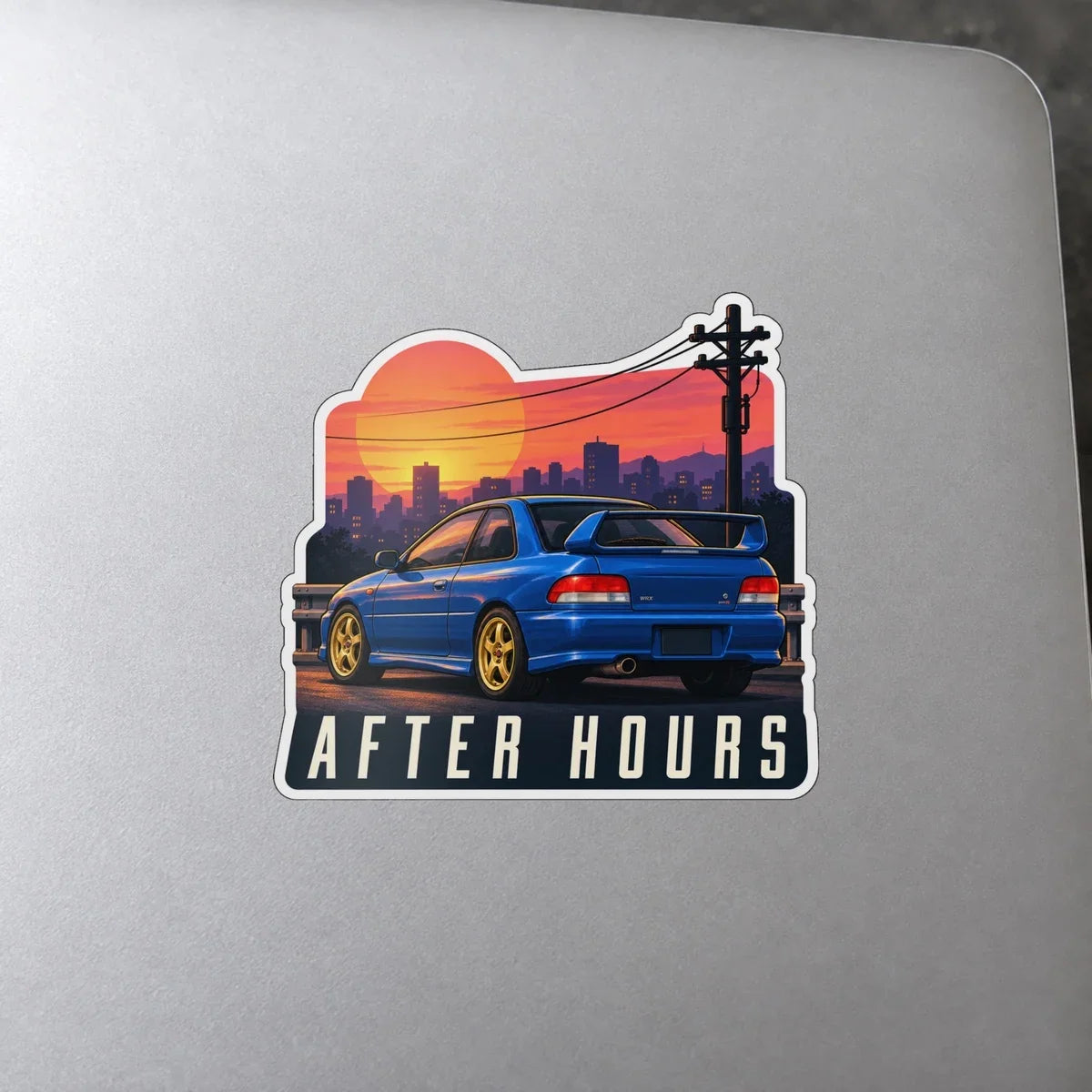 After Hours sunset coupe decal on a laptop