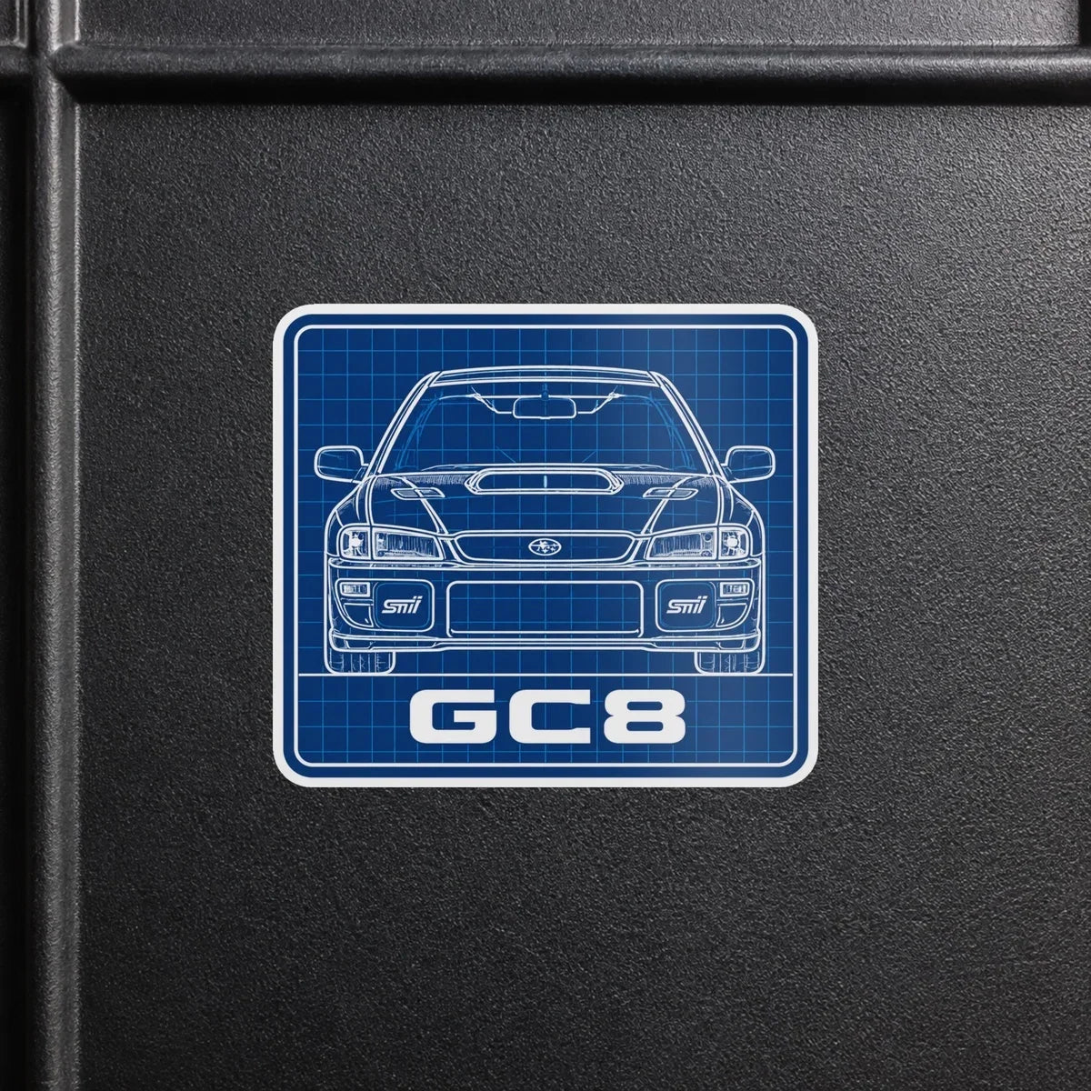 GC8 front-view blueprint decal on a black surface