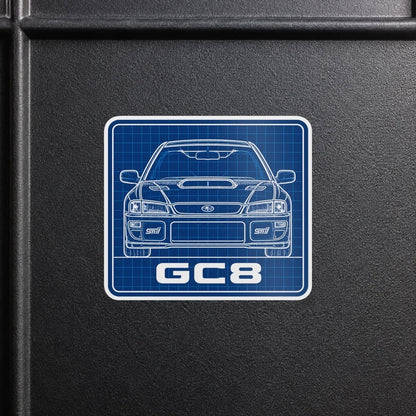 GC8 front-view blueprint decal on a black surface