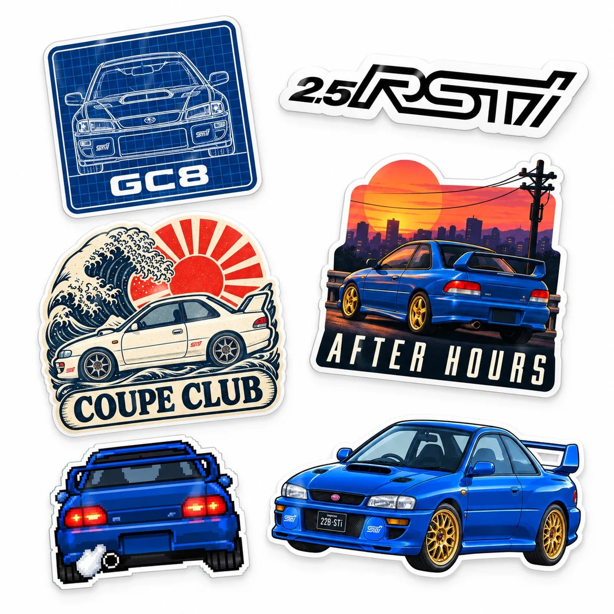 Complete Black and White bundle: five featured decals plus the free Blue Subaru Impreza 22B decal
