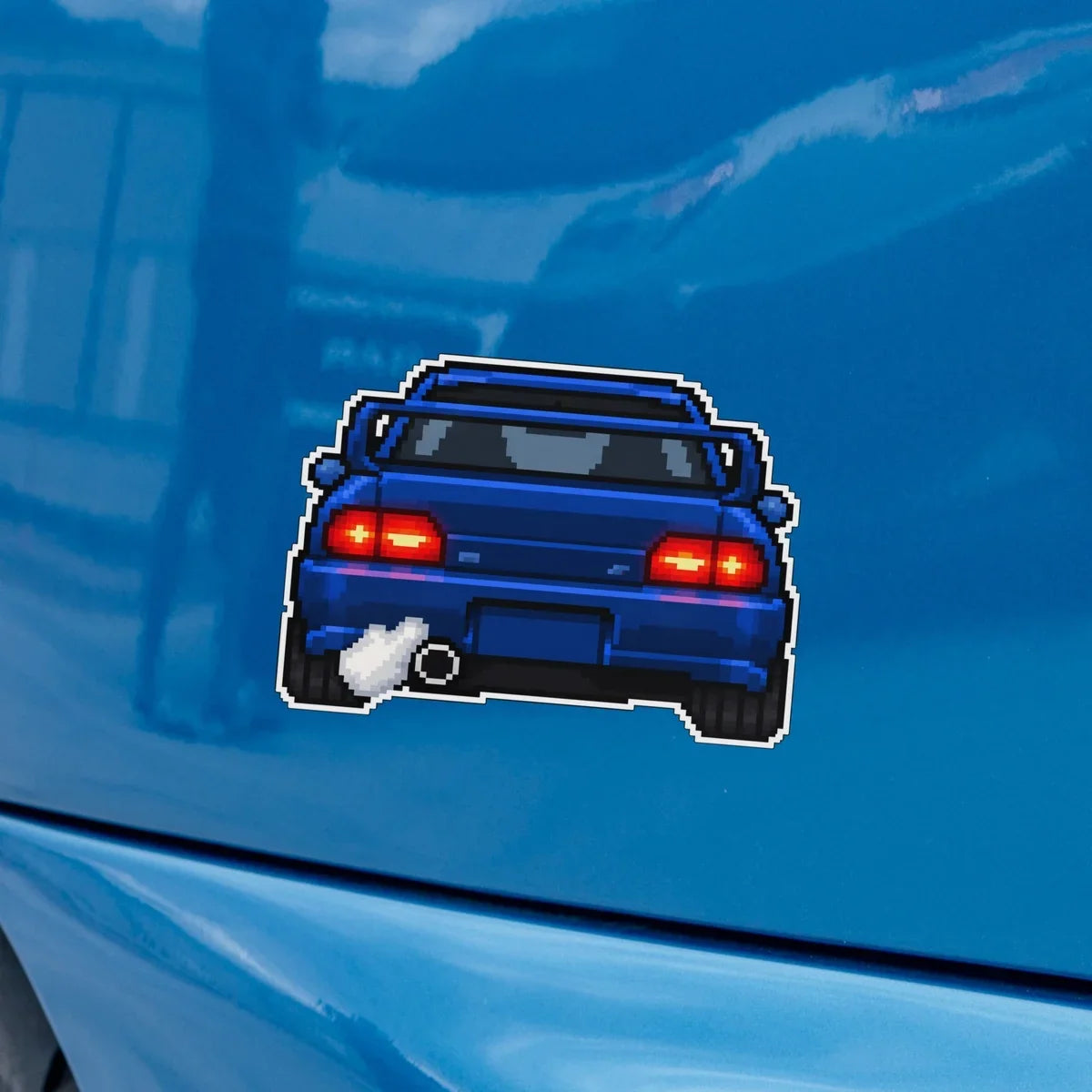 GC8 rear-view pixel-art decal on a blue car