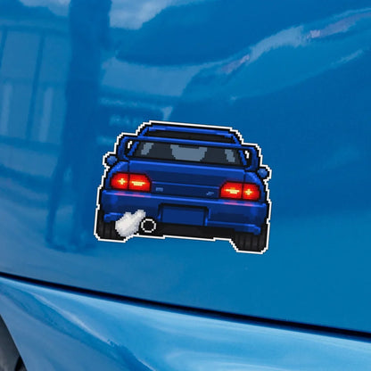 GC8 rear-view pixel-art decal on a blue car